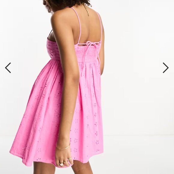 ASOS DESIGN Broderie Cotton Pleat-Bust Babydoll Mini Sundress – US 6 (Pink) - Picture 2 of 4